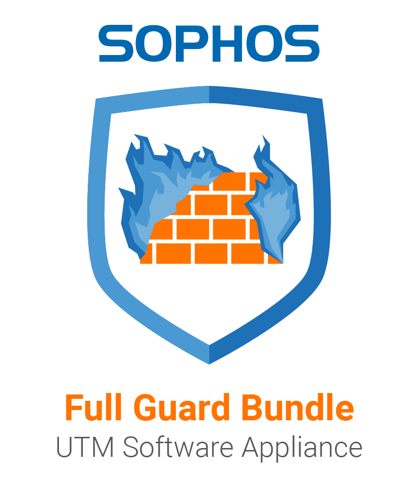 Sophos Full Guard Bundle UTM Software Appliance Vorschaubild bestehend aus einem blauen Schild, indem sich eine orangene  Mauer mit blauen Flammen befinden